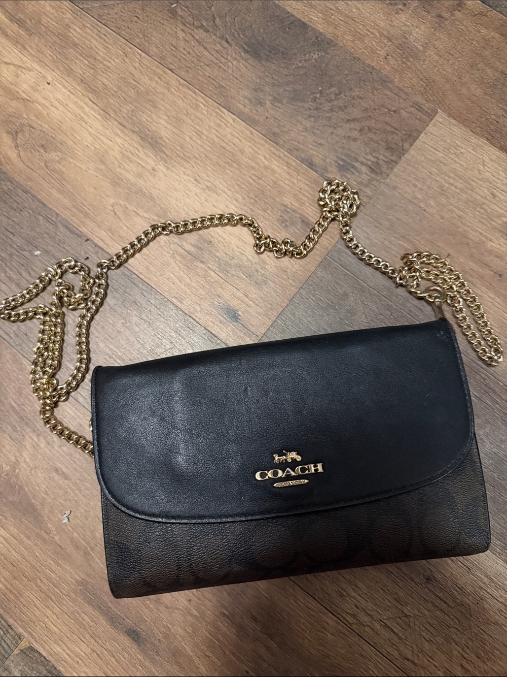 Coach Black Leather & Gold Chain Crossbody Bag